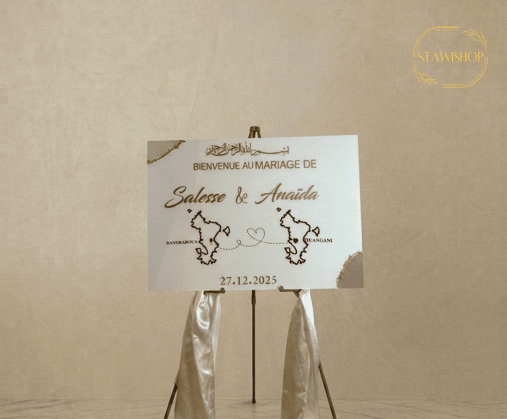 Panneau de Bienvenue Mariage Personnalisé – Carte Géographique & Détails Dorés