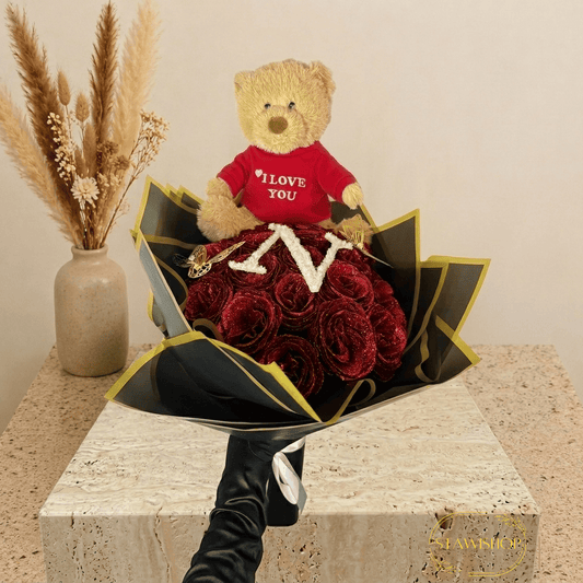 Bouquet de Roses éternelles pailletées et peluche personnalisée