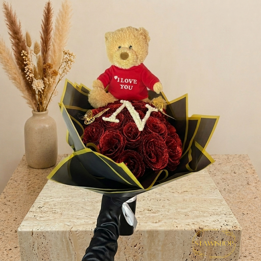 Bouquet de Roses éternelles pailletées et peluche personnalisée